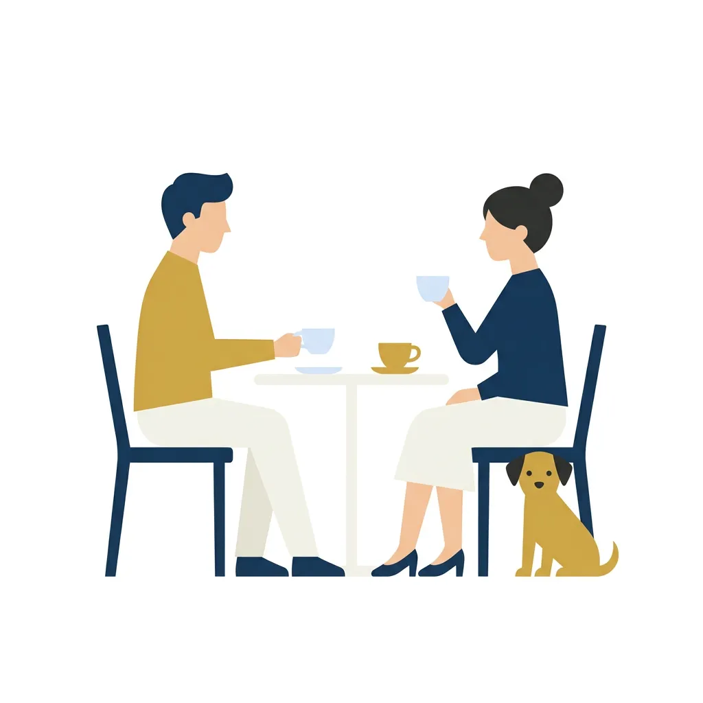 Para przy śniadaniu z psem pod stołem